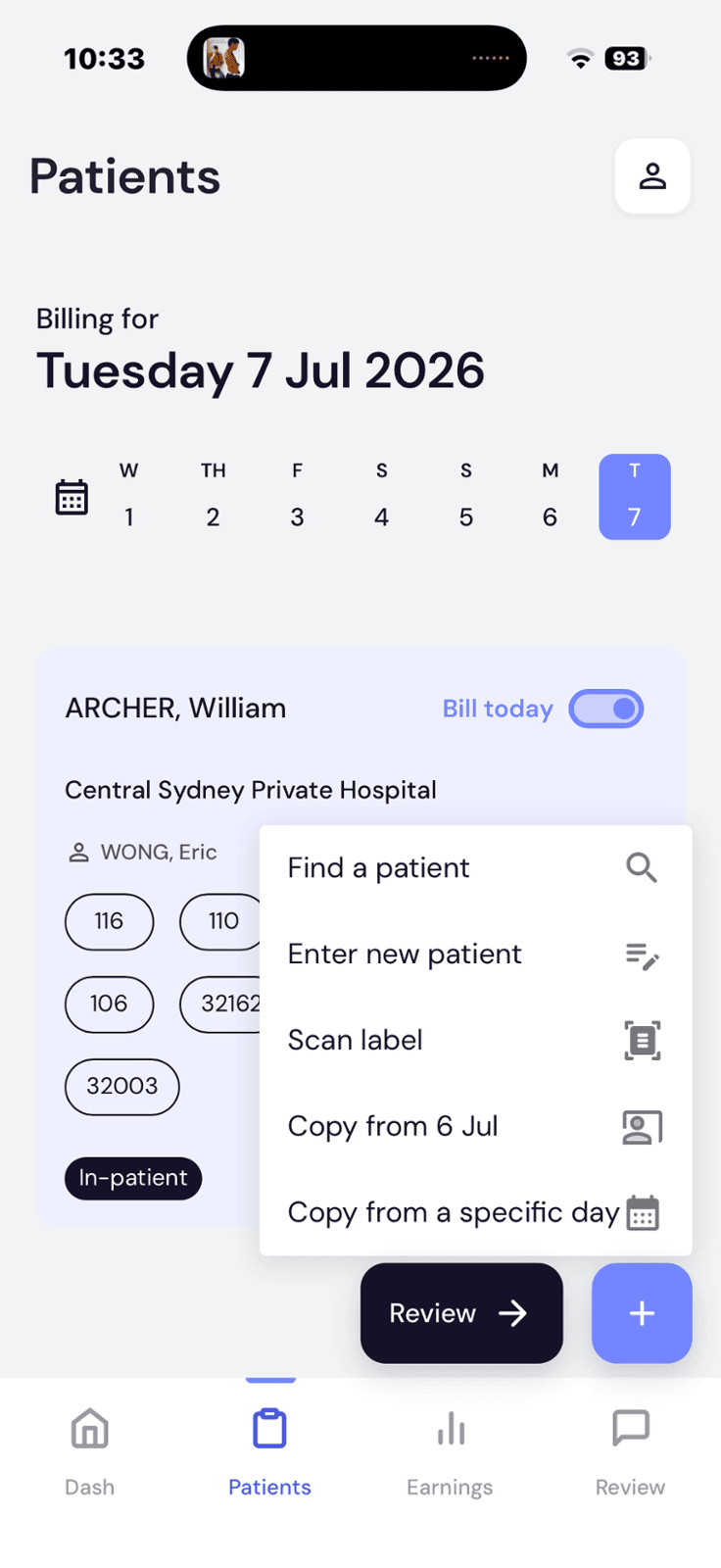 Copy from [previous date] option in the add-patient menu