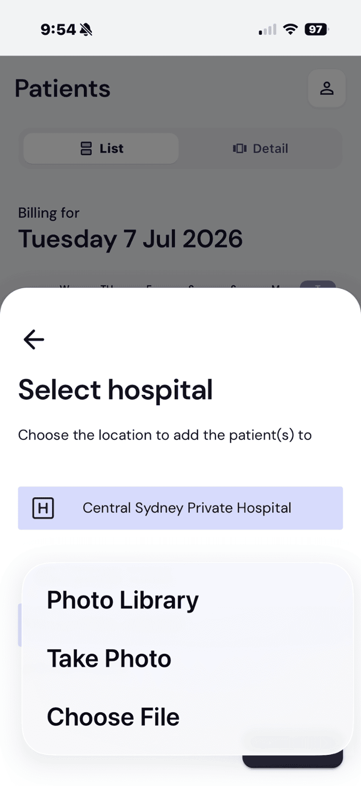 Select hospital screen with photo capture options