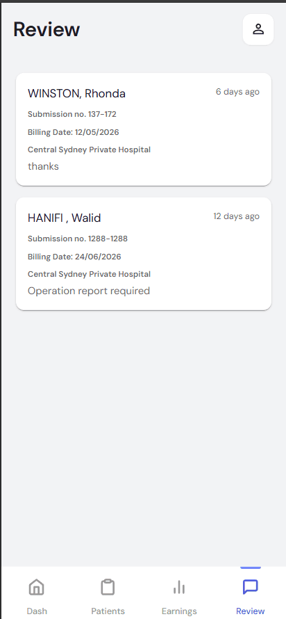 Review screen listing submissions with status messages