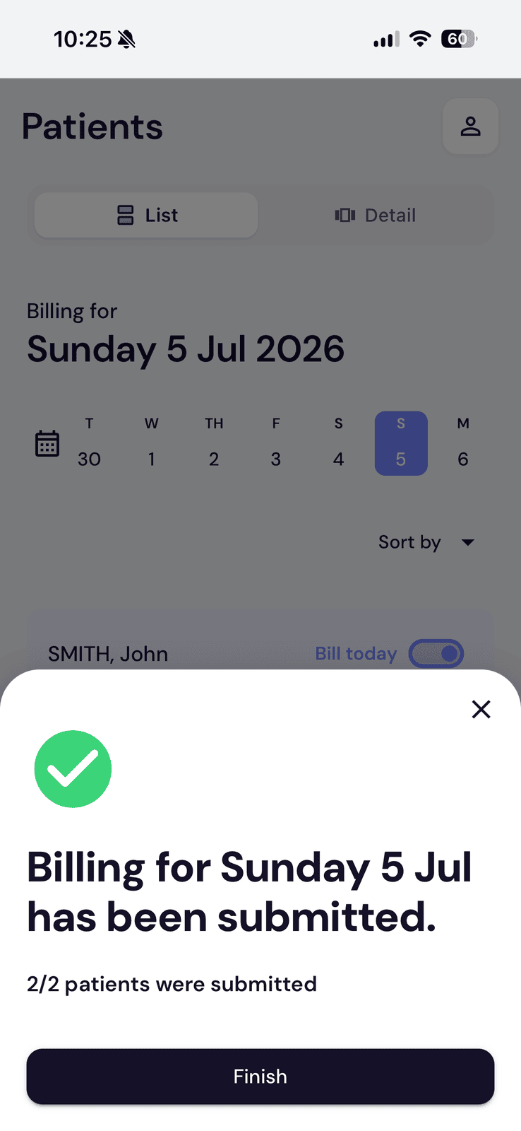 Confirmation that billing for the day has been submitted