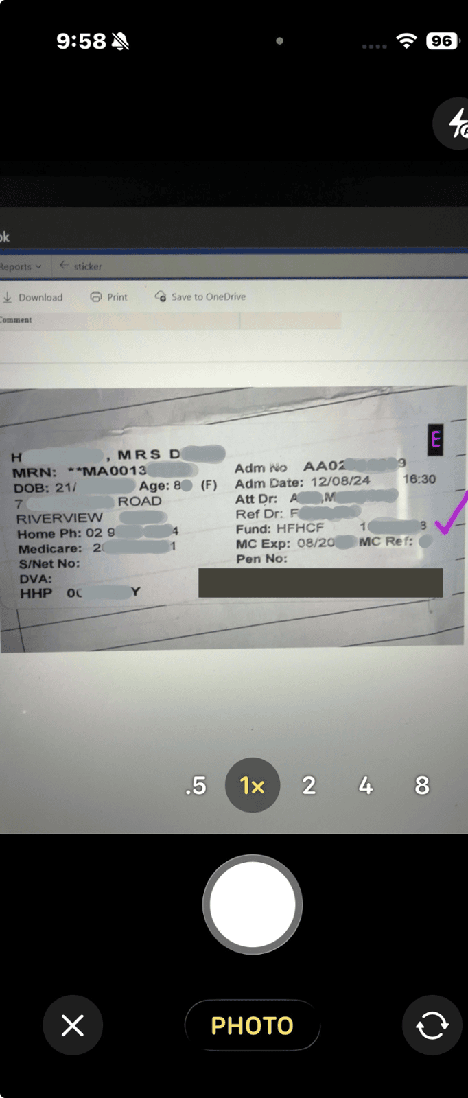 Camera capturing a patient sticker barcode