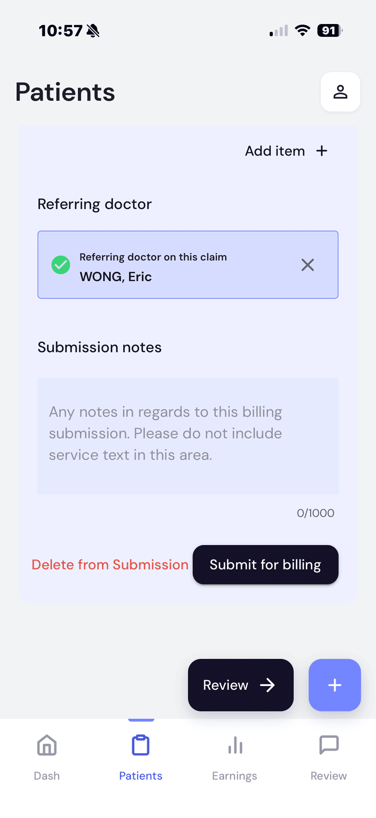 Submission notes field and Submit for billing button
