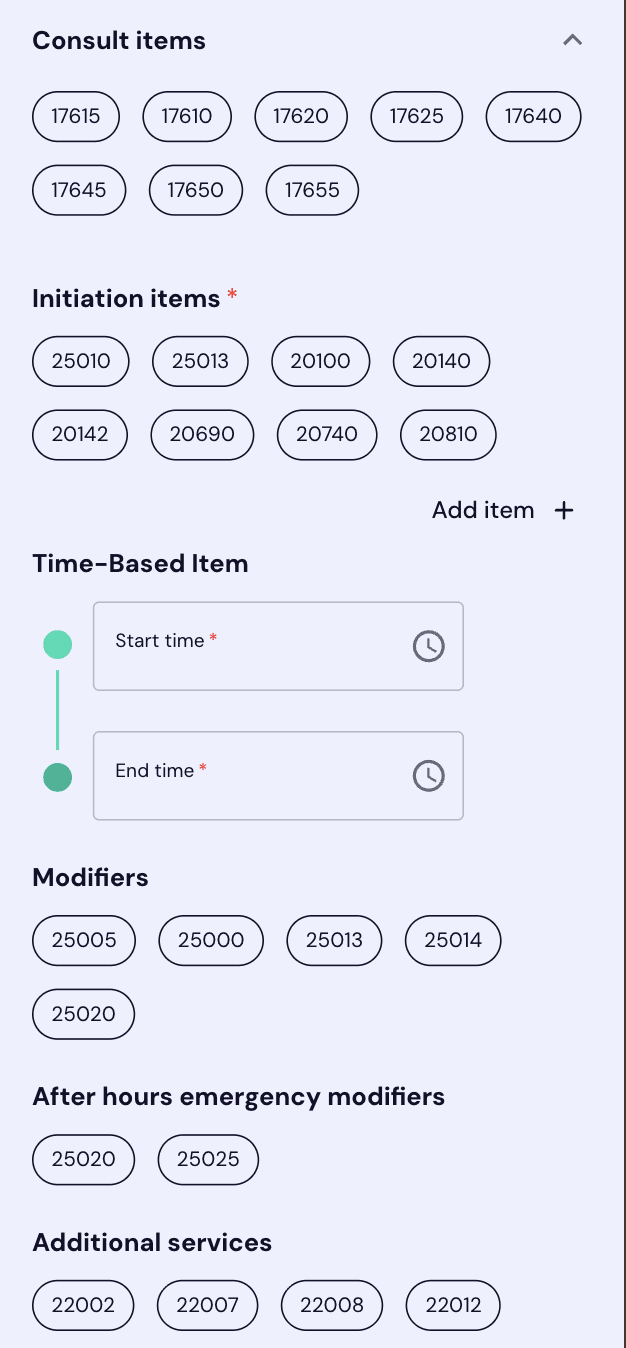 Time-based item with start and end time, modifiers, and additional services