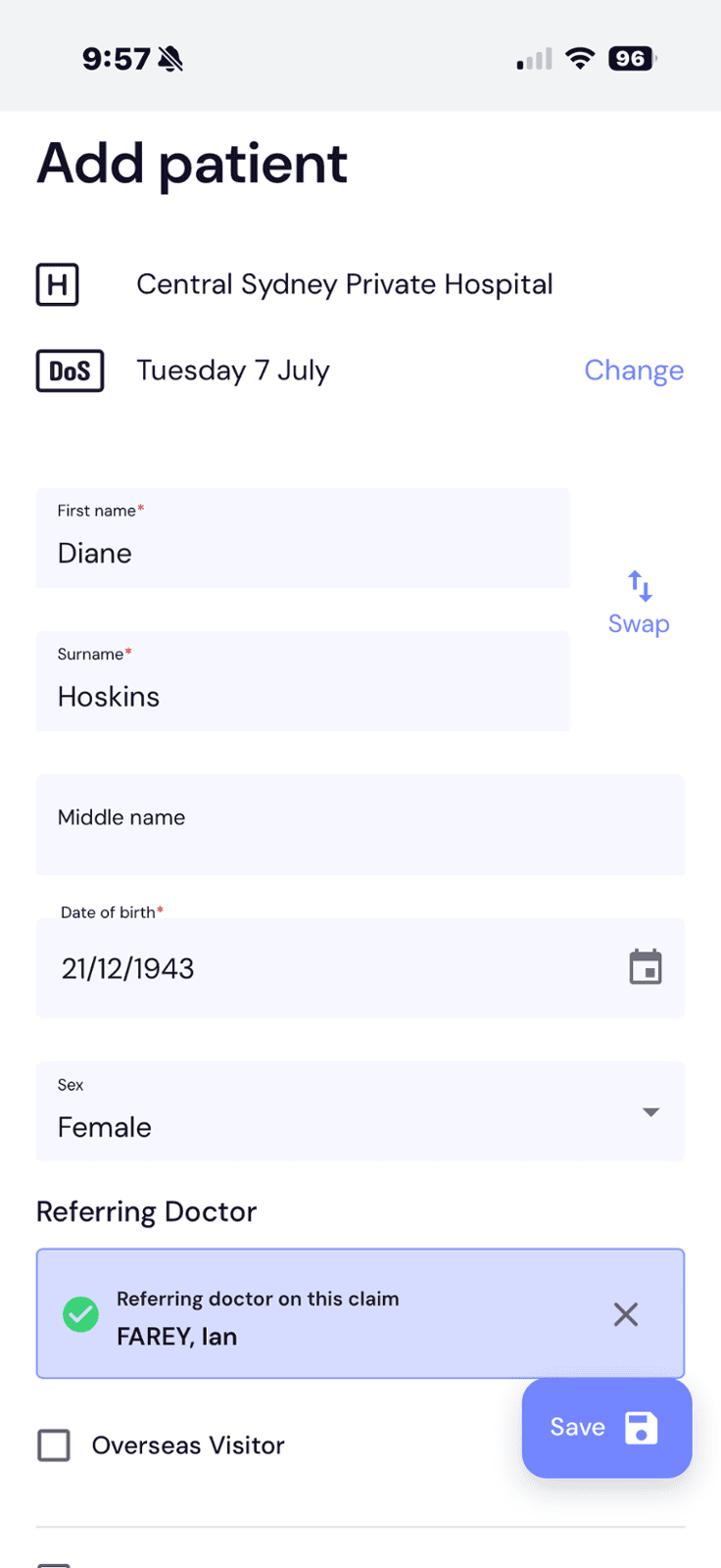 Add patient form auto-populated from the scanned sticker