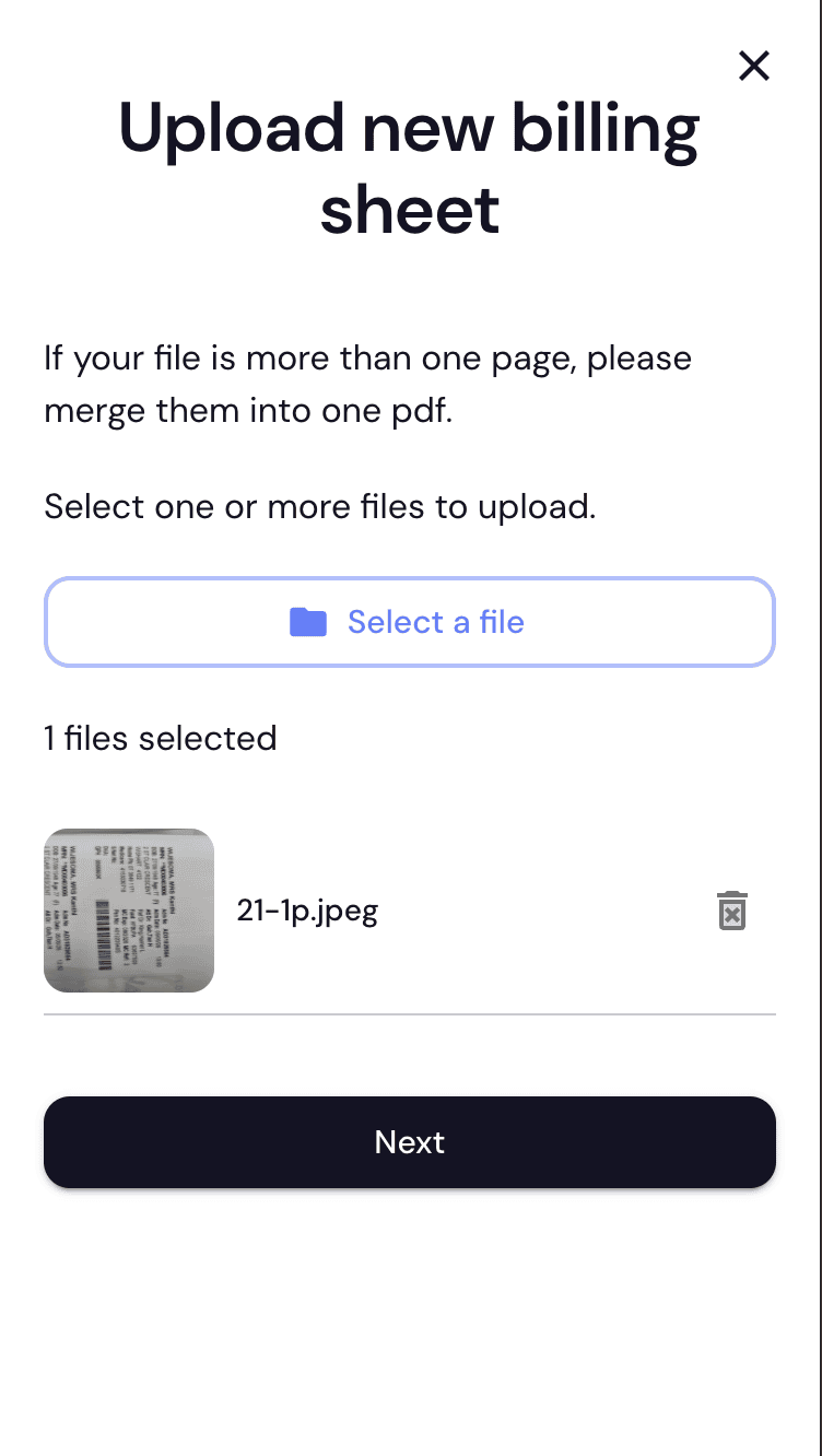 Upload new billing sheet screen with one file selected