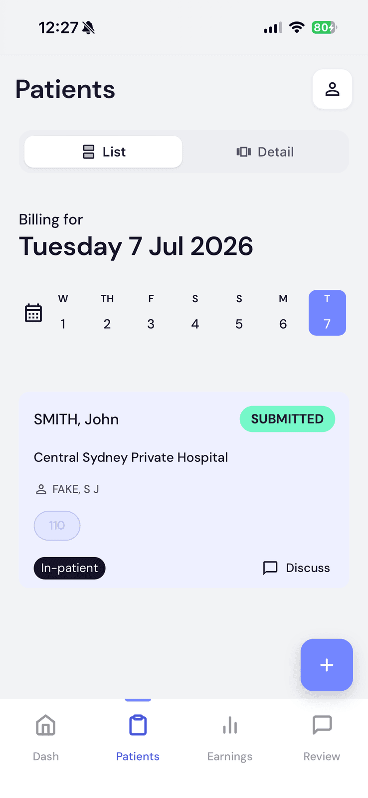 Patients list showing SMITH, John submitted with a green SUBMITTED badge