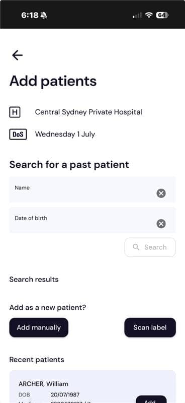 Find a patient search screen