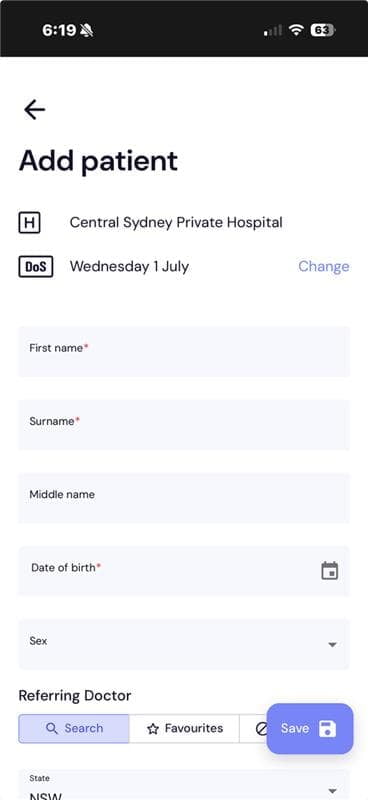 Enter new patient form