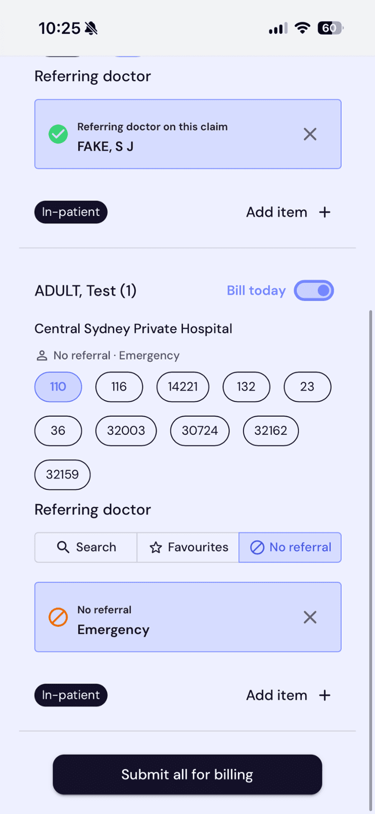 Referring doctor set to No referral, Emergency, before Submit all for billing
