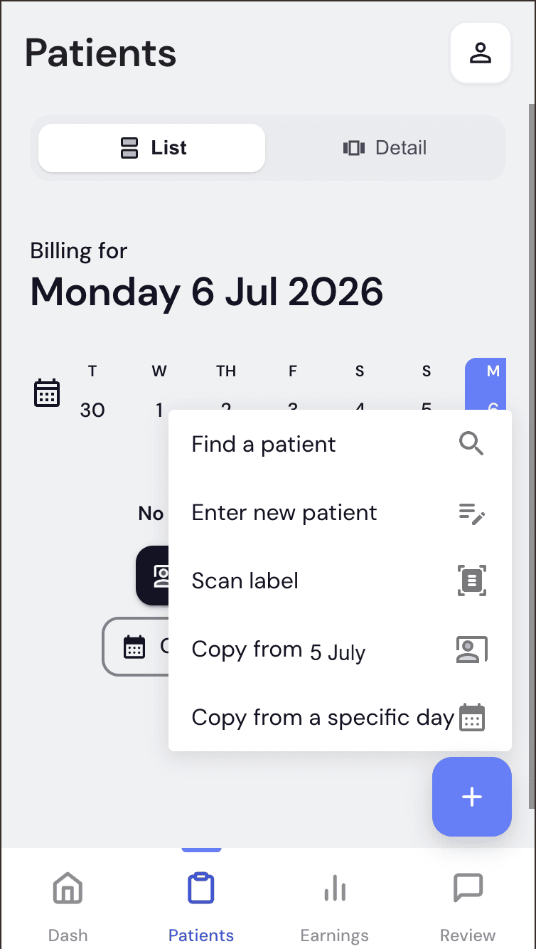 The five add-patient options after tapping +