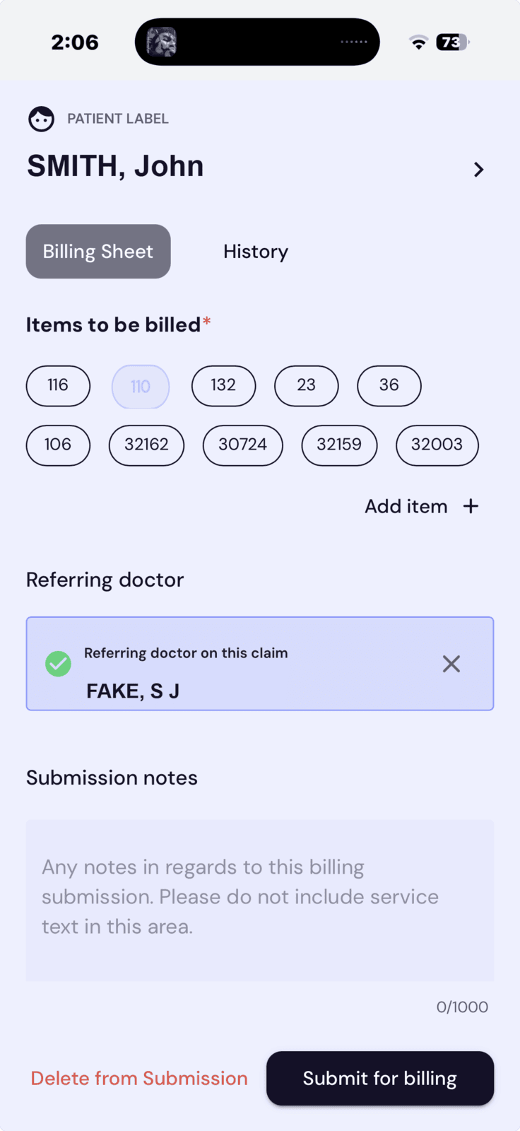 Billing sheet for HANIFI, Walid showing items, referring doctor, and Submit for billing button