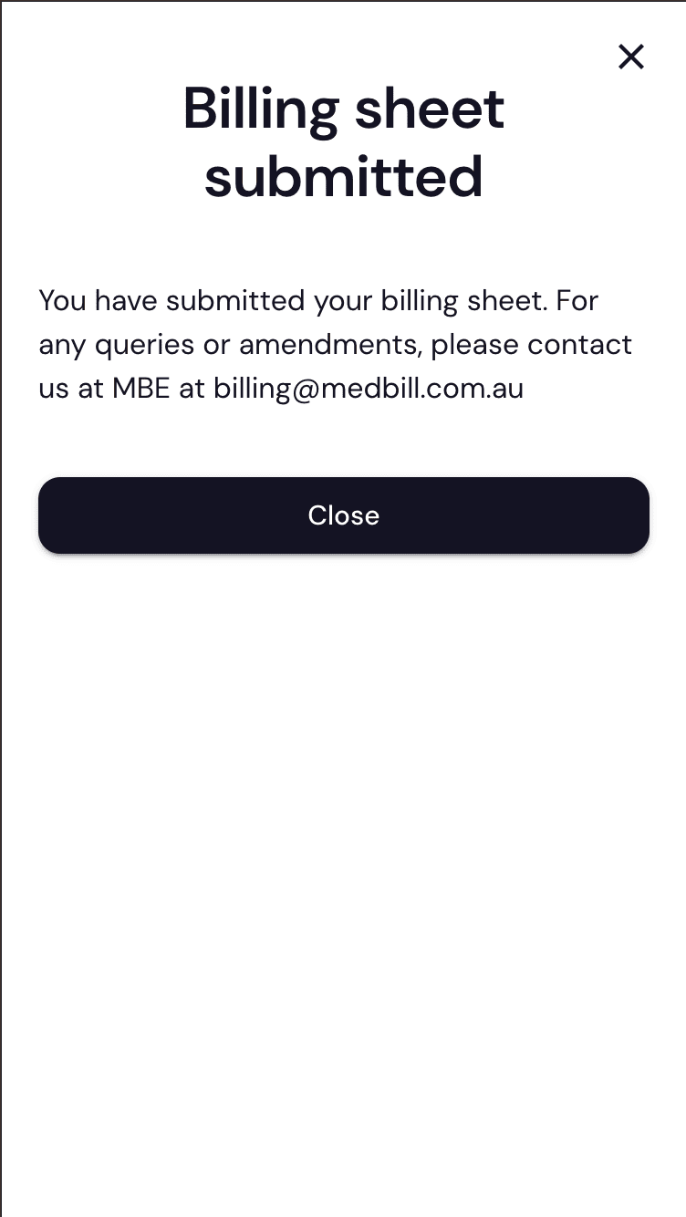 Billing sheet submitted confirmation