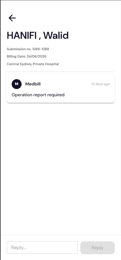 Submission detail with reply box to chat with Medbill