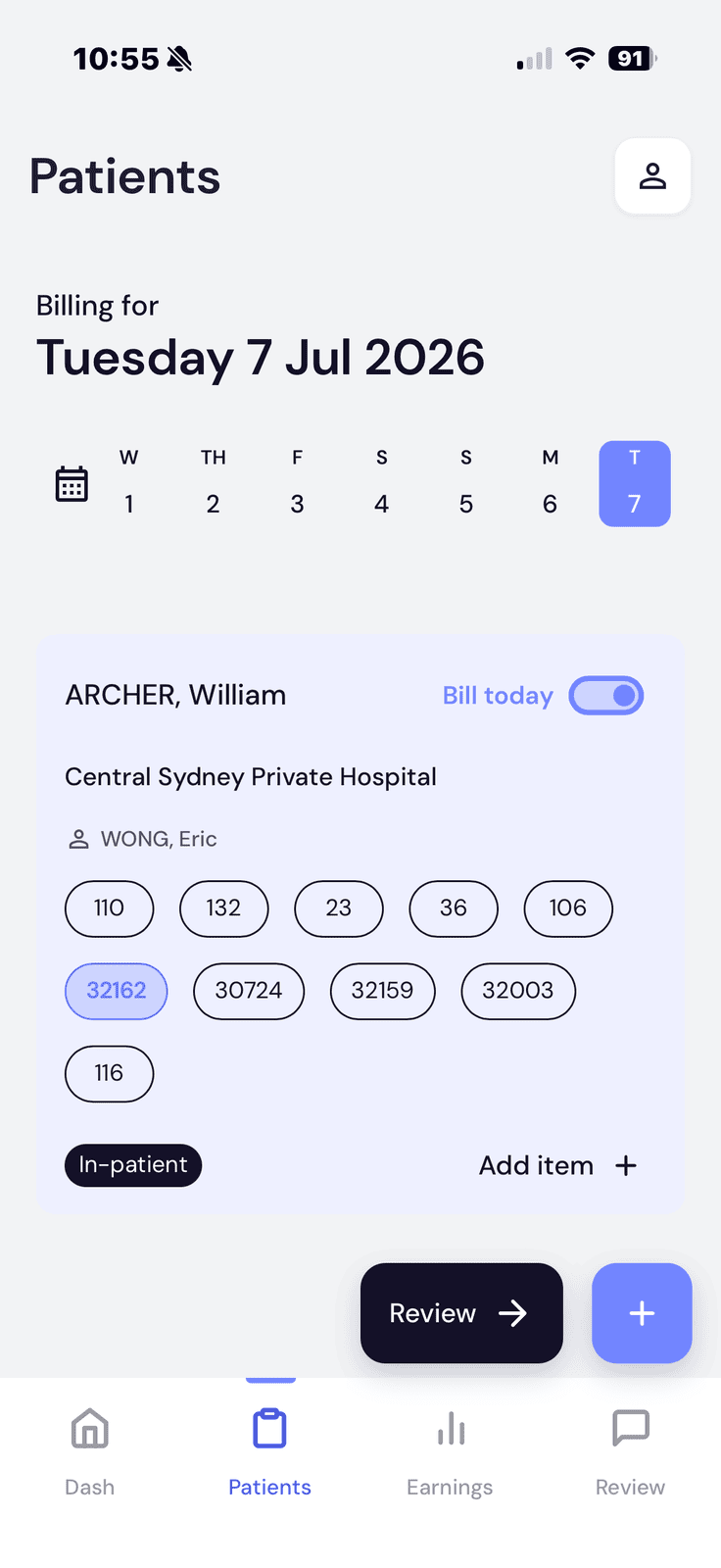 Patient card showing item number bubbles and the Add item button