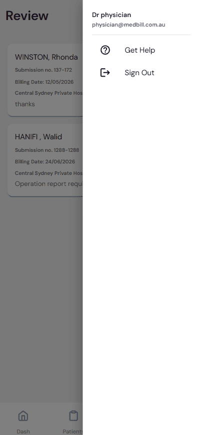 Profile menu showing the Get Help option