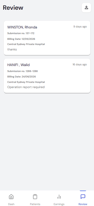 Review screen with the profile icon in the top right