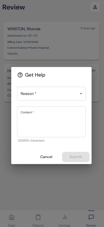 Get Help form with Reason and Content fields