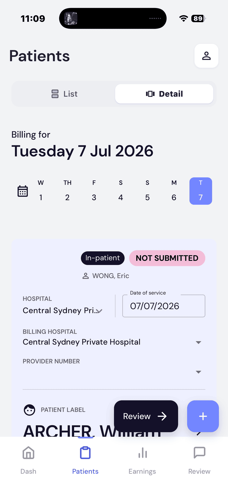DETAIL view showing hospital, billing hospital and provider number fields