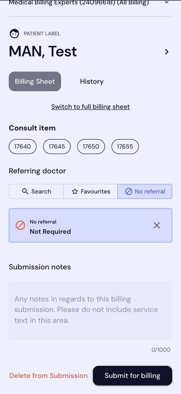 Quick billing sheet with consult items