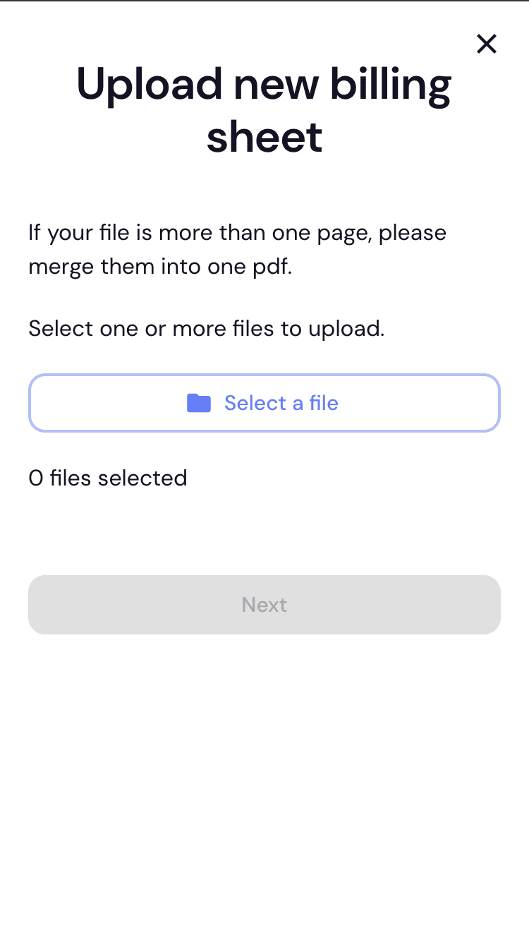 Upload new billing sheet screen, no file selected