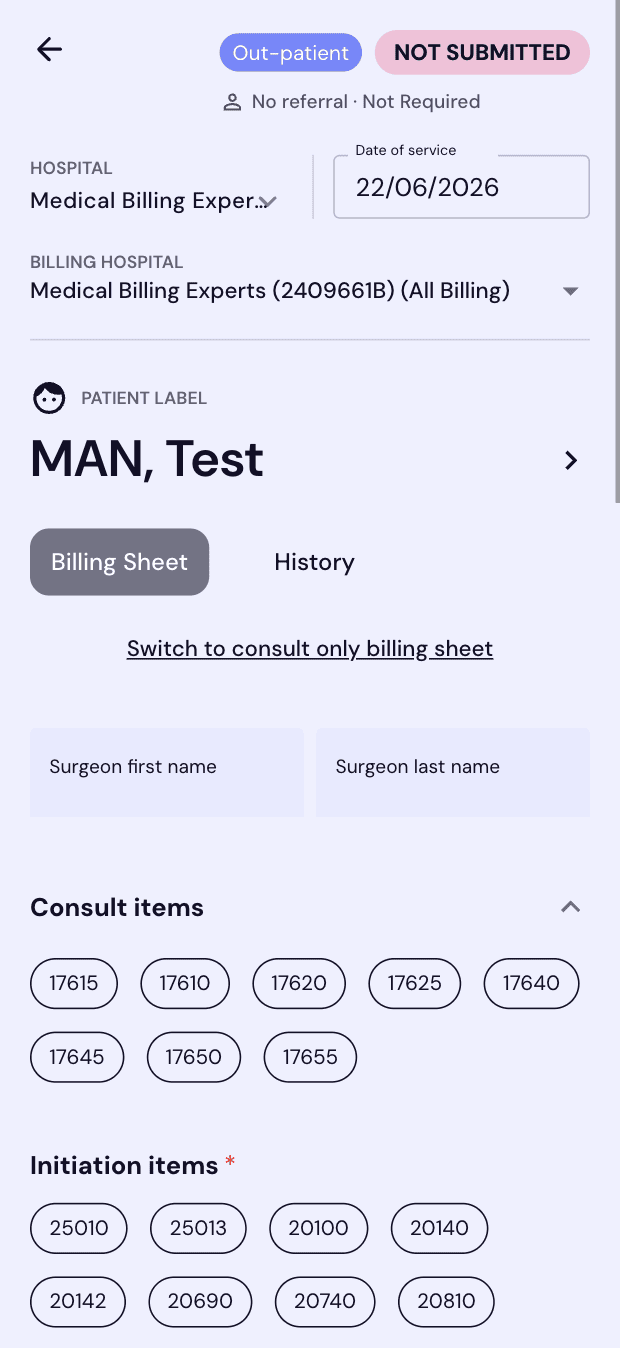Full billing sheet with consult and initiation items