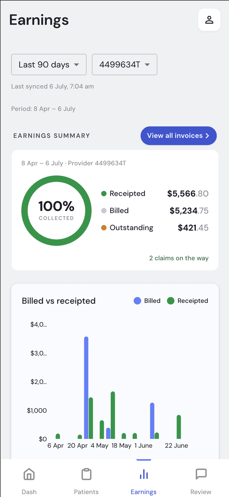 Earnings summary with period and provider filters