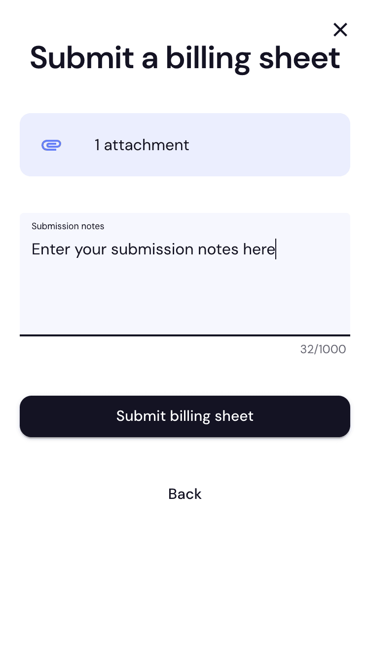 Submit a billing sheet screen with attachment and submission notes