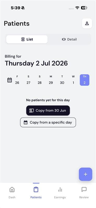 Patients list for the day