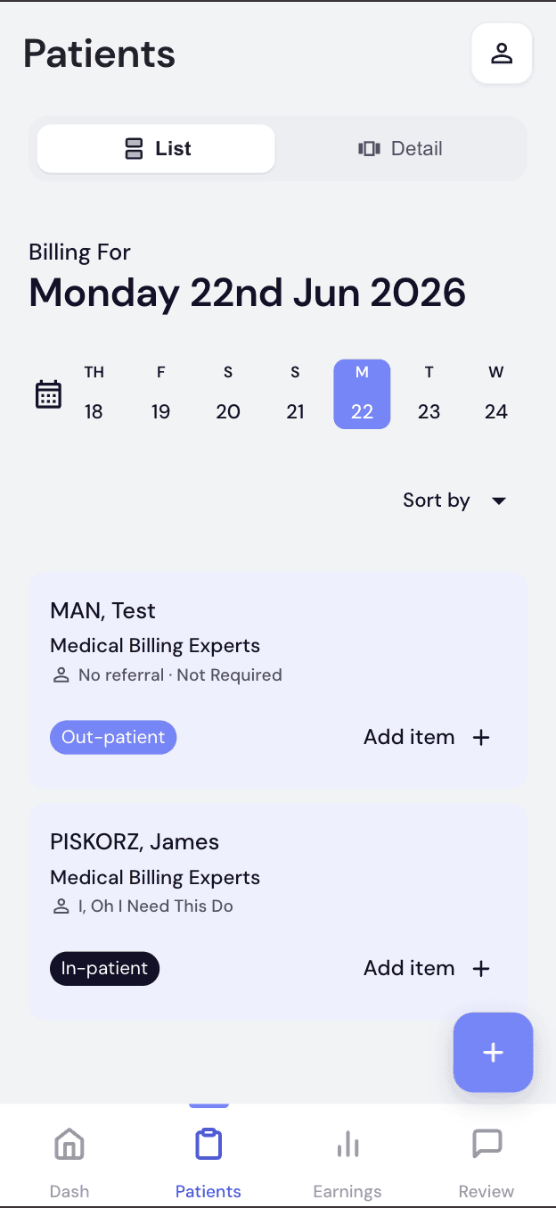 Patients list showing Out-patient and In-patient badges