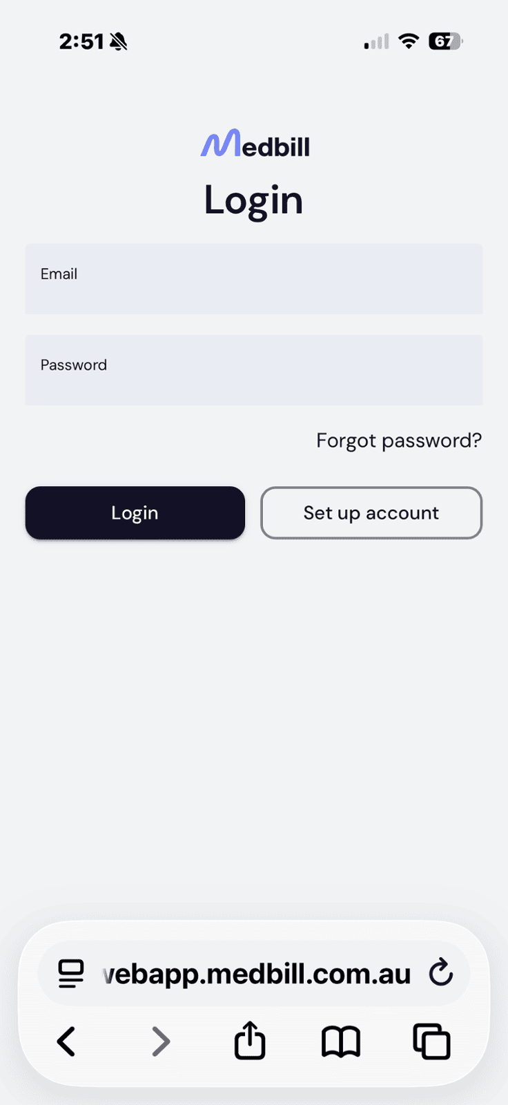 Medbill login screen open in Safari
