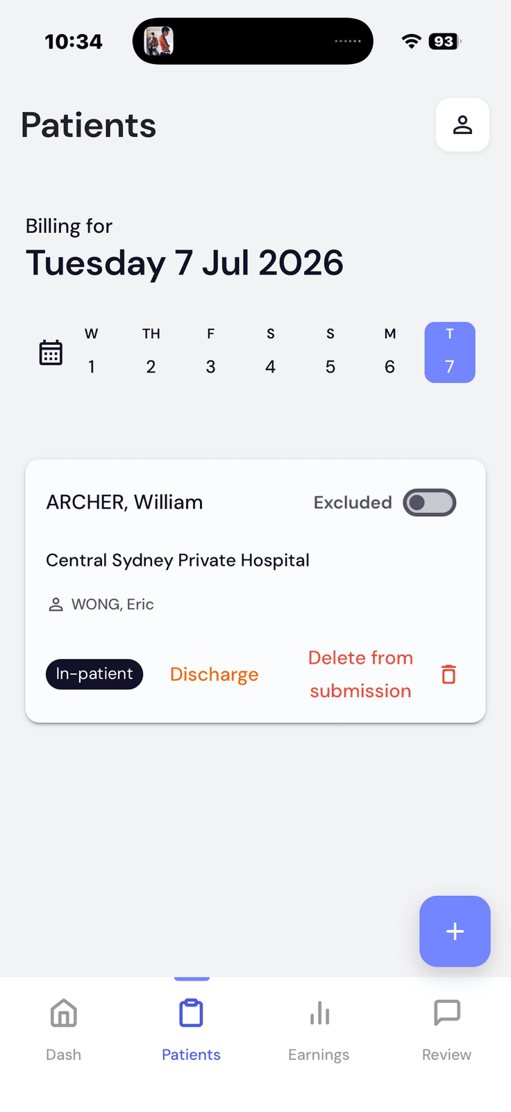 Patient card toggled to Excluded with Discharge and Delete from submission options
