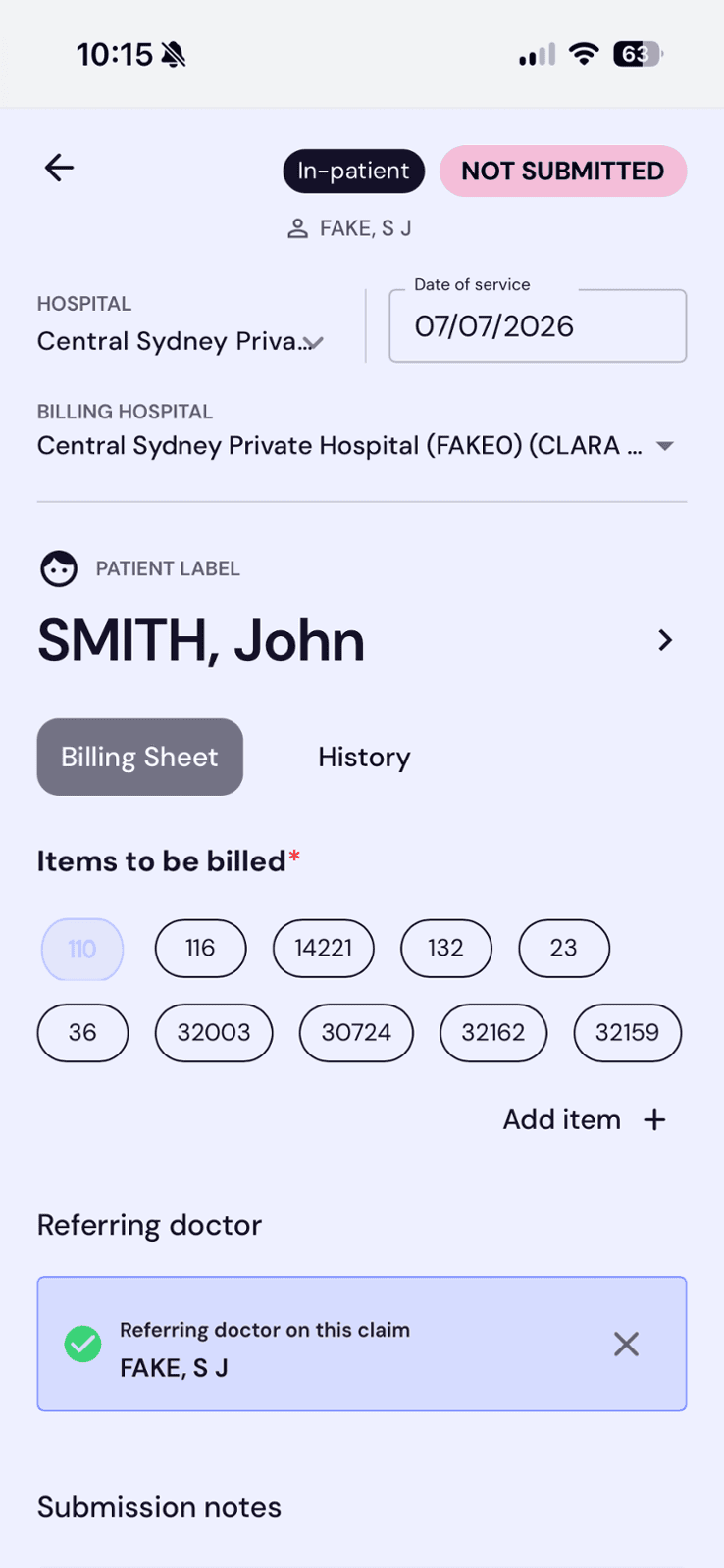 Detail view showing items to be billed, referring doctor, and submission notes before submitting