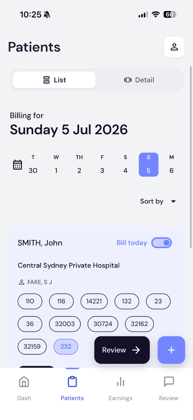 Patients list showing item numbers before submitting for billing